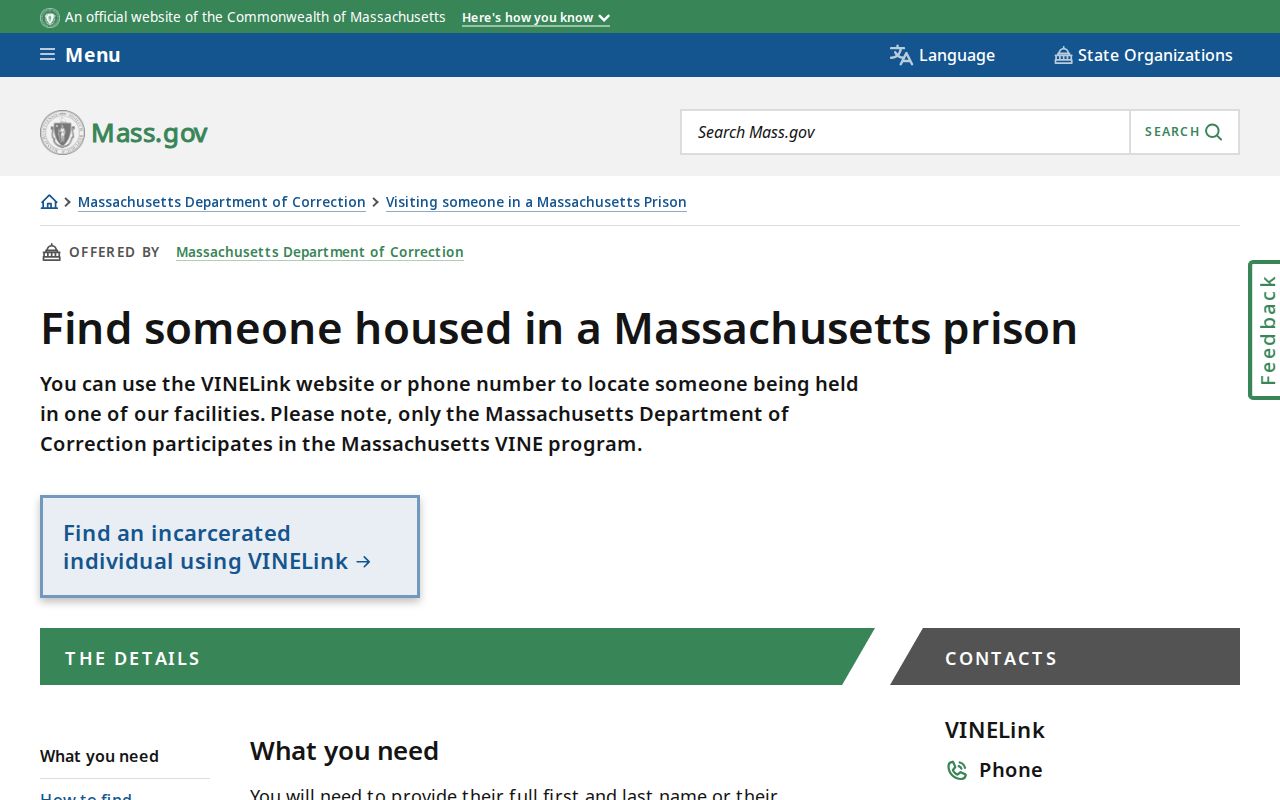 Norfolk County residents directory Massachusetts DOC and VINELink search route