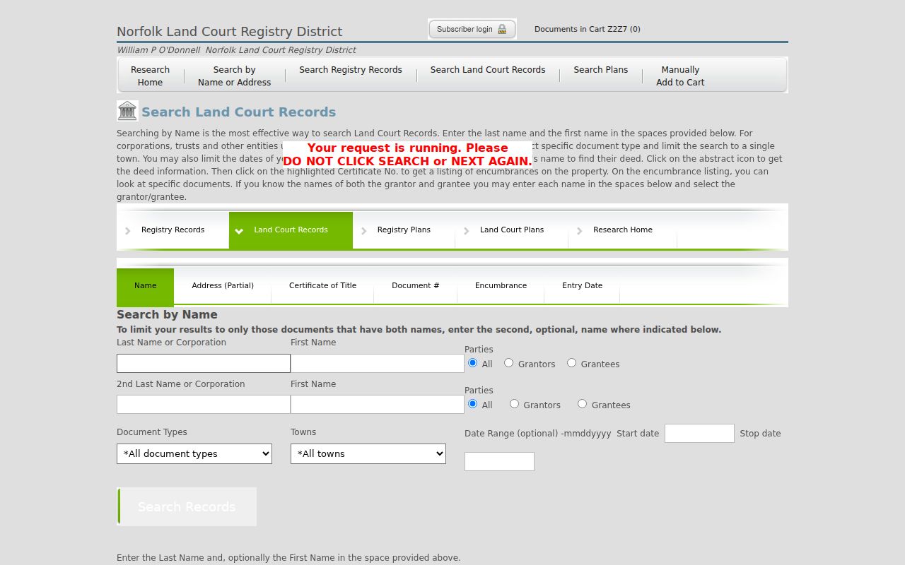 Norfolk County Registry Land Court and registered-land index screen
