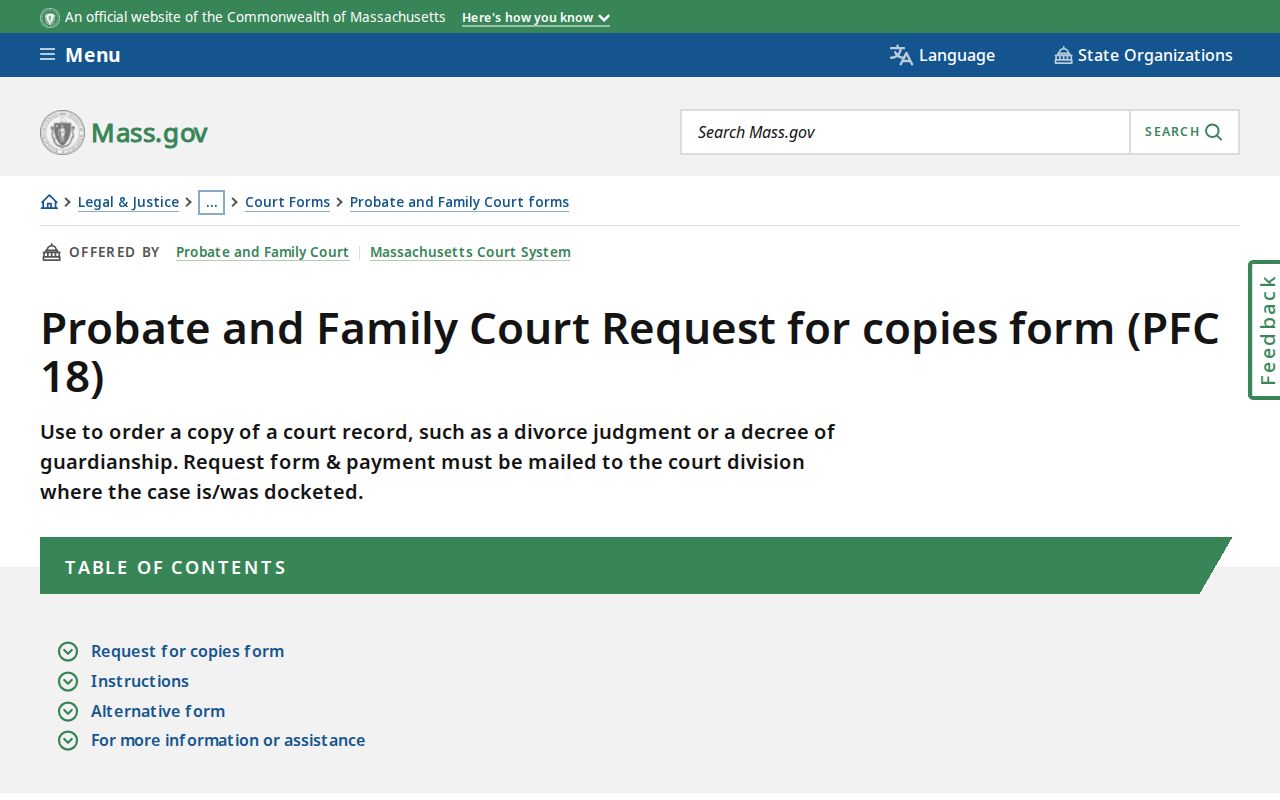 Norfolk County resident lookup with Probate and Family Court PFC-18 copy request